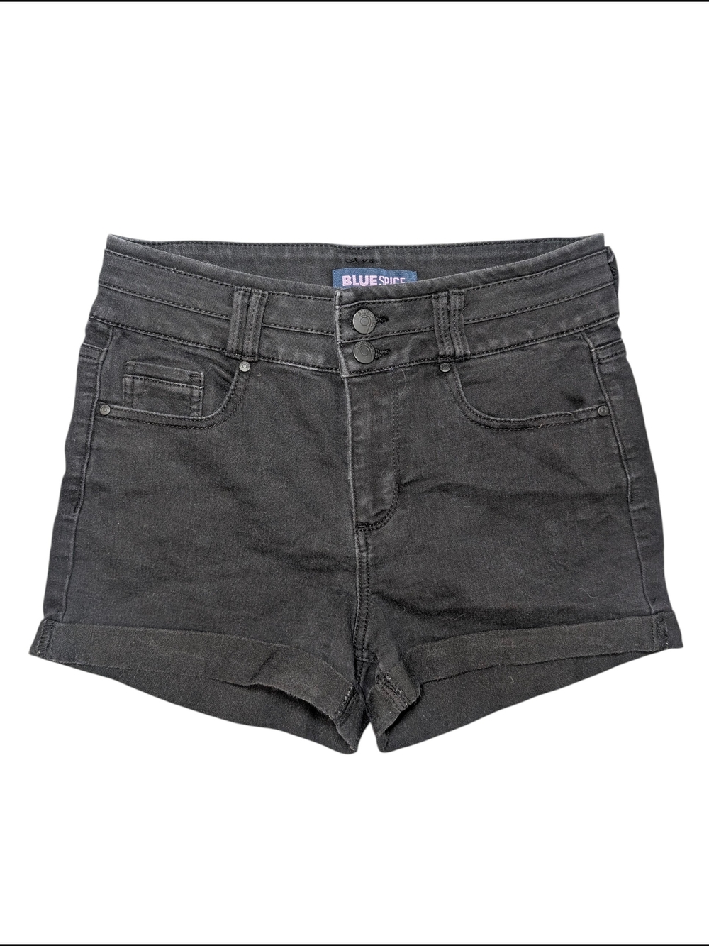 Blue Spice Sz 7 Black High-Rise Rolled Stretch Denim Shorts Double Button & Zip